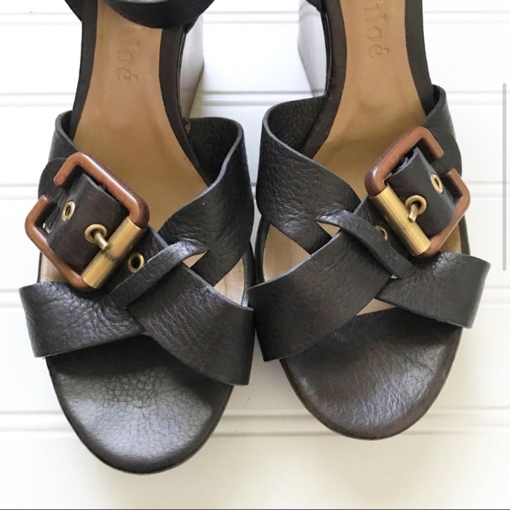 Chloe Buckle Wooden Sole Wedges Size 37